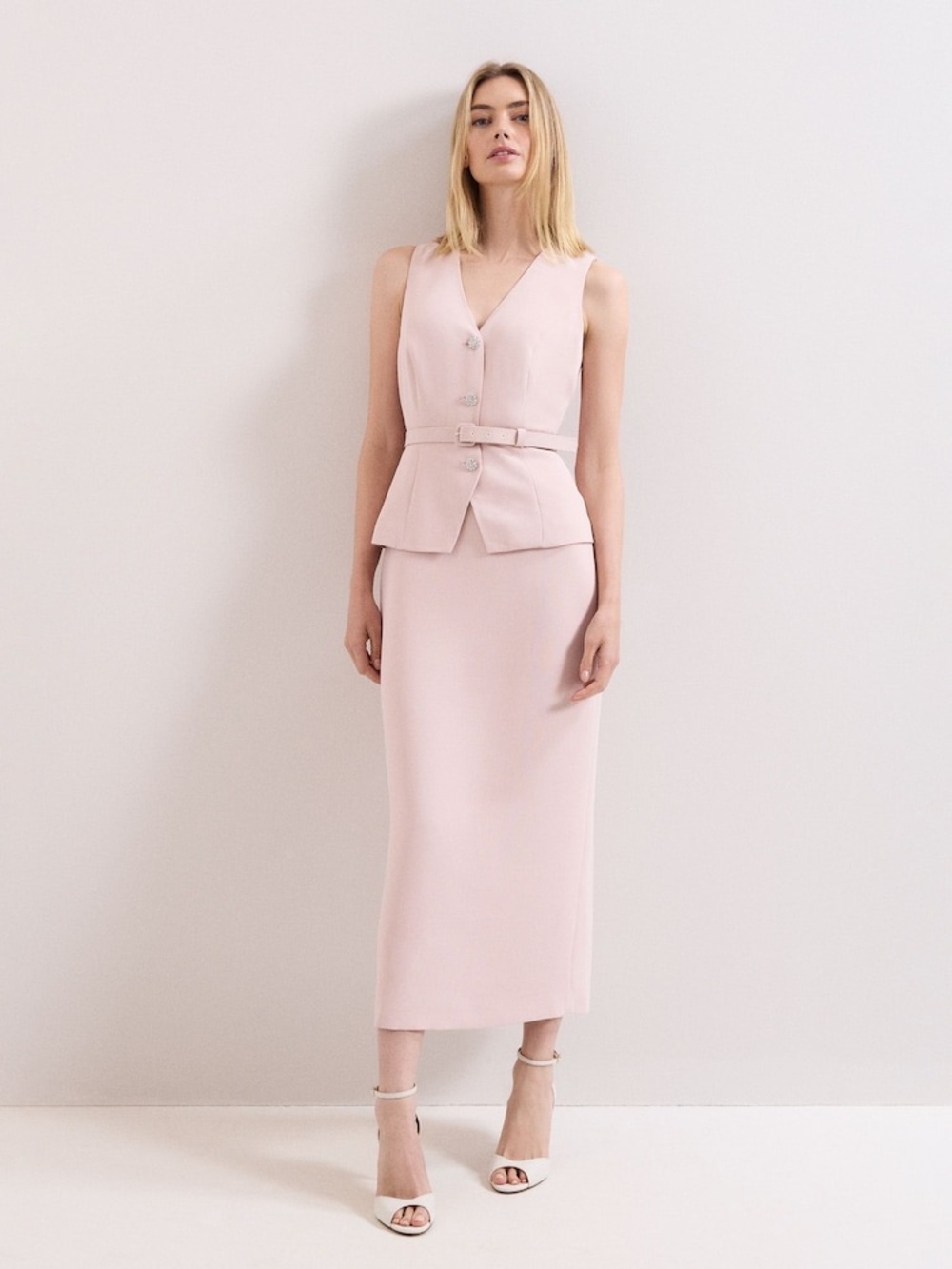 Tailored Sleeveless Midi Dress with Belt in Blush Pink